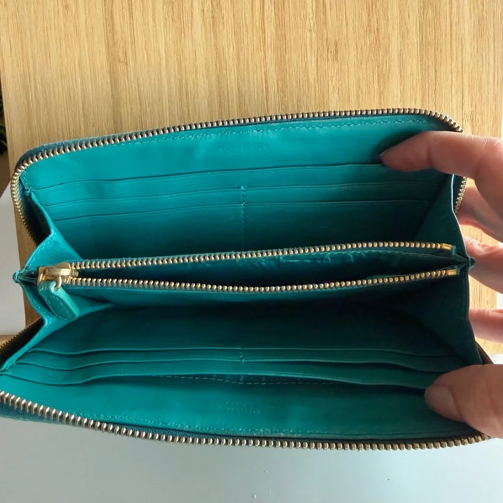 Prada Zip Around Wallet Vintage Pleated Designer Accessory OS 2000s Teal